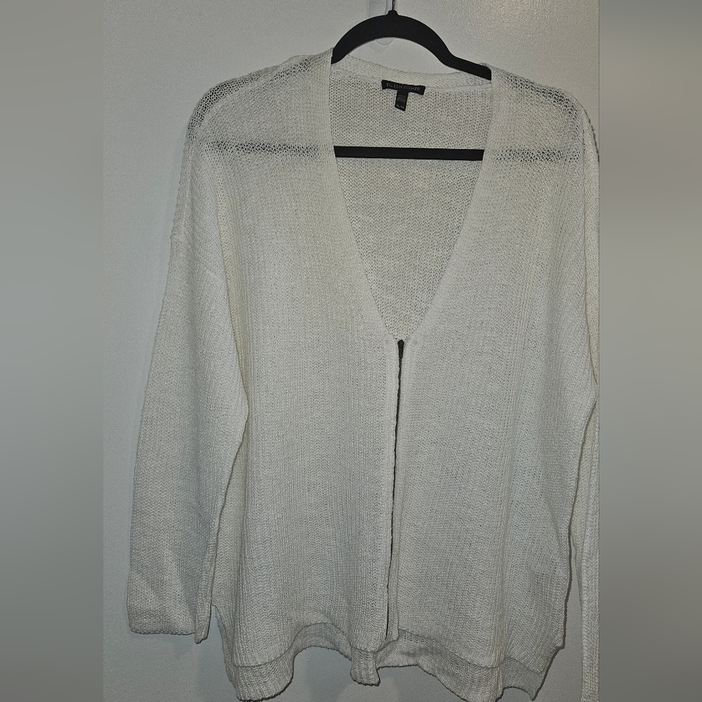 Eileen Fisher White V-Neck Front Zipper Organic Linen Organic Cotton Cardigan